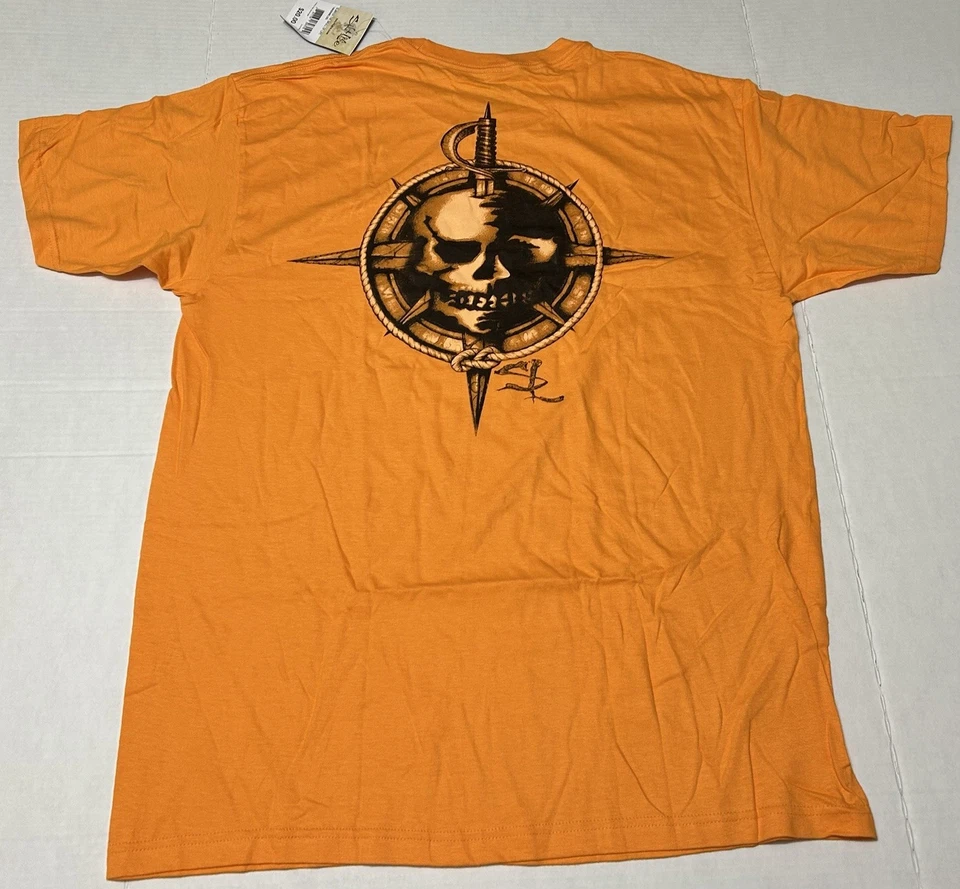 SALT LIFE "Skull of Life" T 恤大号橙色全新带标签指南针匕首刀 — 第 2/4 张图片