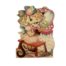 Tarjeta de felicitación del día de San Valentín maquillaje gato espejo de amor lápiz labial papel vintage