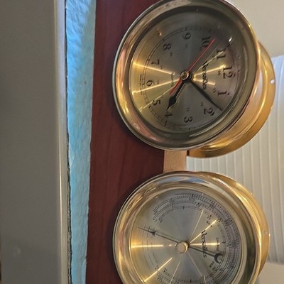 Versailles Desk Clock Barometer Brass Wood Analog Quartz Arabic Gold Brown