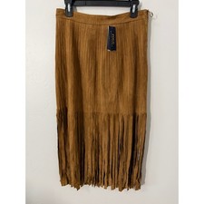 NWT 798 Polo Ralph Lauren Fringe Midi Skirt Size 8 Snuff Brown Goat Suede