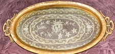 Vintage Oval Art DECO VANITY Perfume Tray Celluloid Floral Lace In Glass 8.25 In