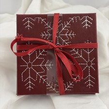 NWOT Red Faux Leather Square Coasters White Stitched Snowflakes 4x4 Set Of 6