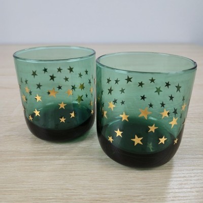 Set Lot of 2 Vintage Libbey Juniper Green Stars Celestial Moon Space Glasses