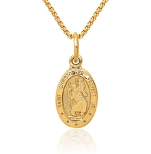 10K Solid Yellow Gold Saint Christopher Medal Necklace