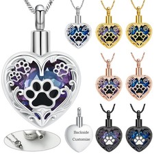 Paw Prints Heart Urn Pendant Cremation Jewelry Dog Cat Ashes Pet Memory Necklace