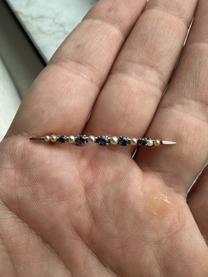 Antique Art Nouveau 14k Yellow Gold Sapphire & Seed Pearl Arrow Dagger Bar Pin