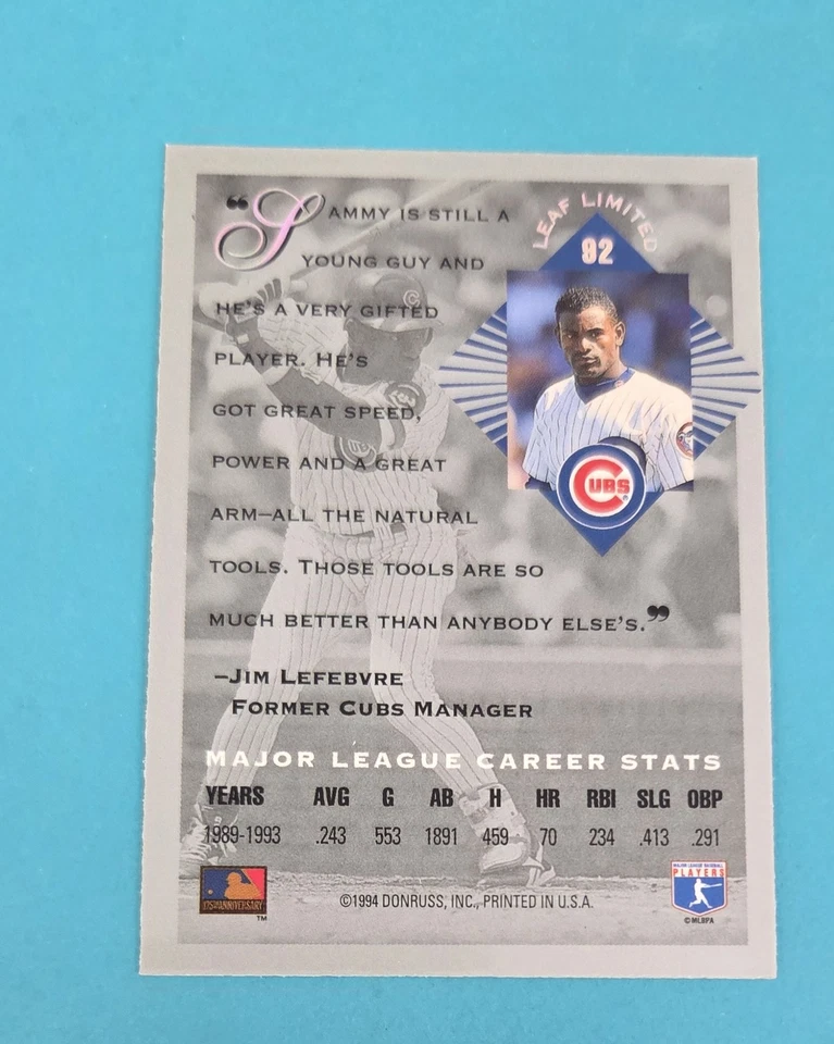 1994 Leaf Limited #92 Sammy Sosa Chicago Cubs BASEBALL Card A1 - Image 2 of 2