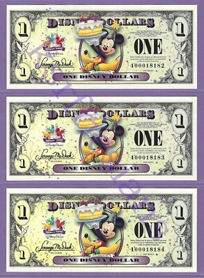 2009 A $1 MICKEY & PLUTO DISNEYLAND DISNEY DOLLARS (3) CONSECUTIVE A00018182-184