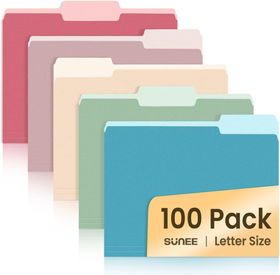 File Folders Letter Size Retro Colors, 100 Pack Folders for Documents 1/3-Cut Ta