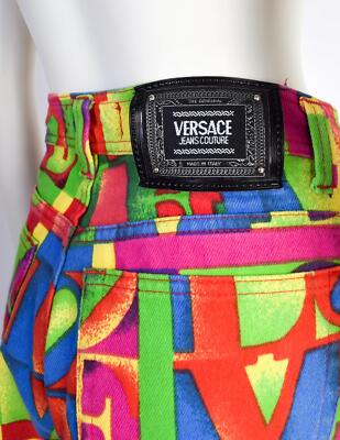 Versace Vintage SS 1995 Iconic Multicolor LOVE Print High Waist