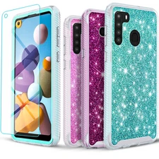 For Samsung Galaxy A21 Phone Case Cover Bling Diamond + Tempered Glass Protector