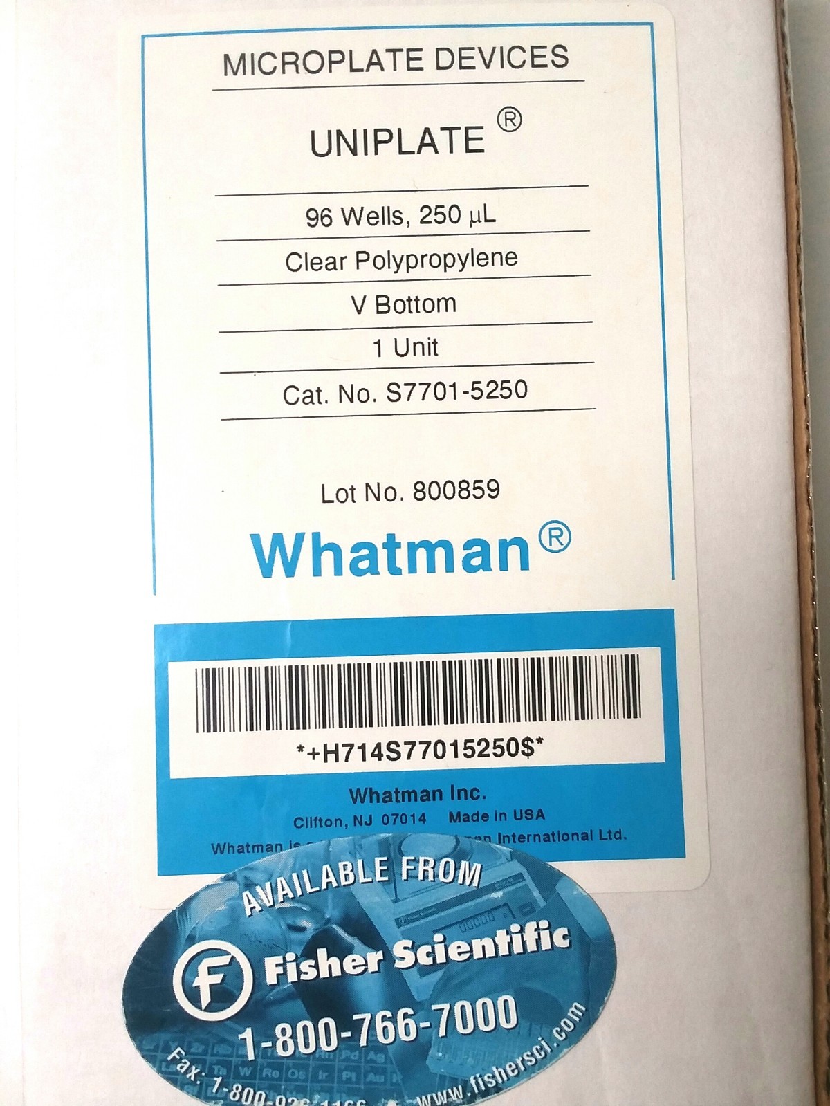 Whatman S7701-5250 Uniplate 96 Well 250 µL PP Microplate V Bottom - 1 Unit