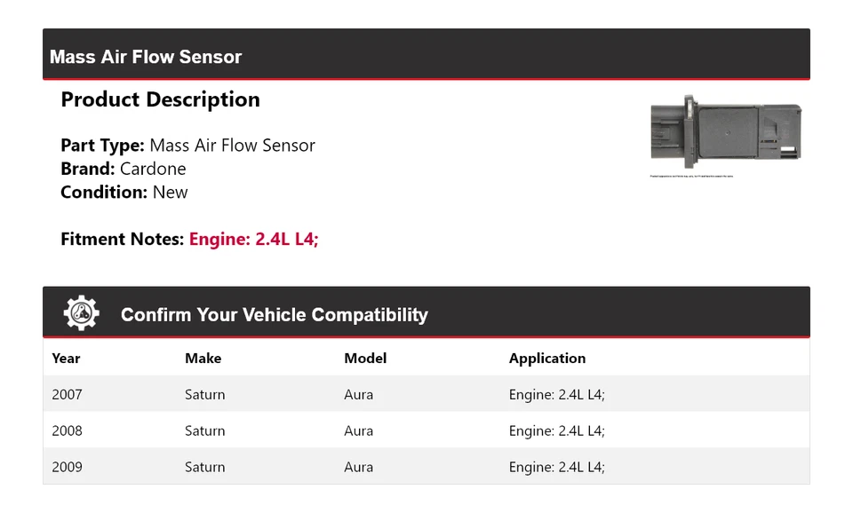 Sensor de flujo de aire de masa Cardone 2008 para Saturn Aura 2,4 L L4 2007-2009 Foto 2 de 4