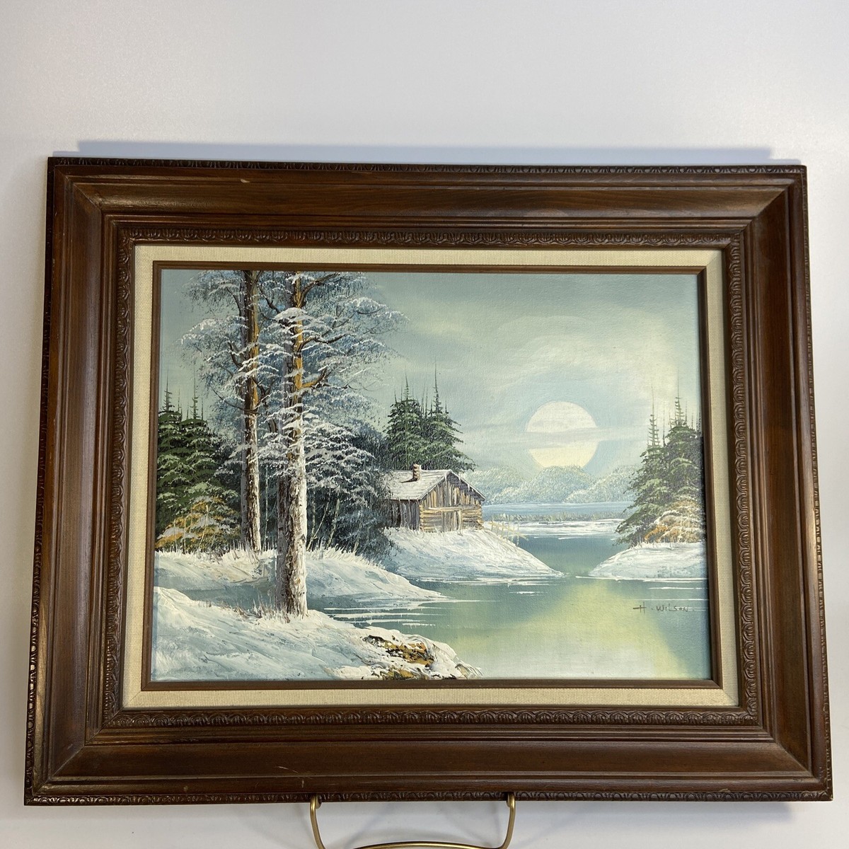 H Wilson Oil On Canvas WINTER MOON Painting Signed Framed