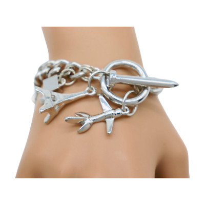 Women Silver Plated Metal Bracelet Airplane Eifel Tower Nail Charms France Style