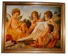 Angeli Stampa su tela completa di cornice in oro in legno spessore cm. 4,5 