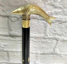 Antique Brass Fish Design Head Handle Vintage Wooden Walking Stick Cane Style