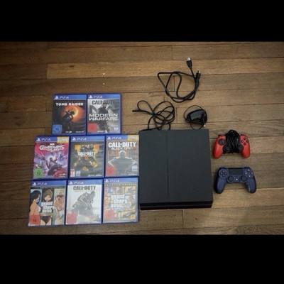 Sony PlayStation 4 Konsole Schwarz inkl. Kabel 2 Controller & 8 PS4 Spiele