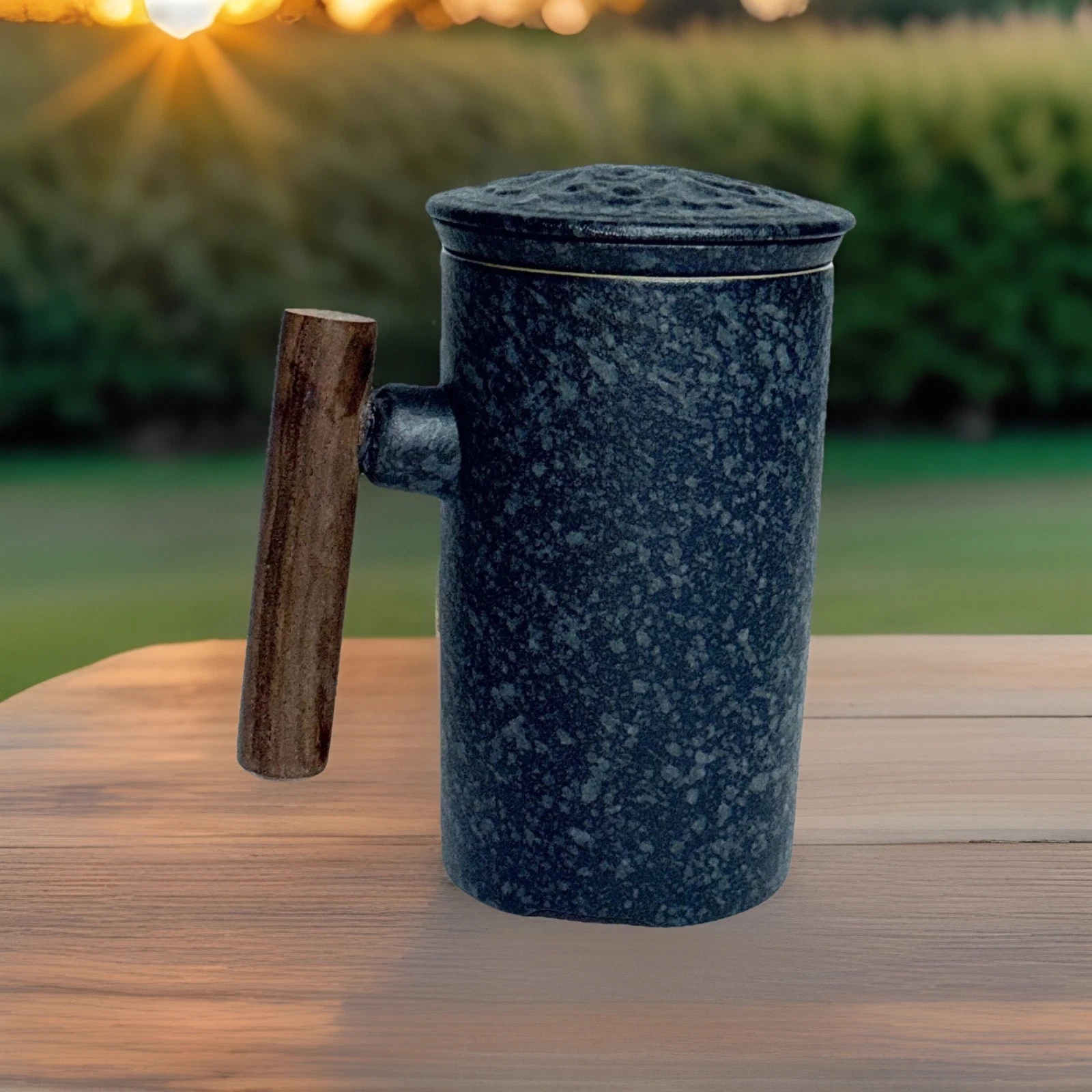 Ceramic Tea Infuser Mug Set Wood Handle Embossed Lid Dark Grey Stoneware