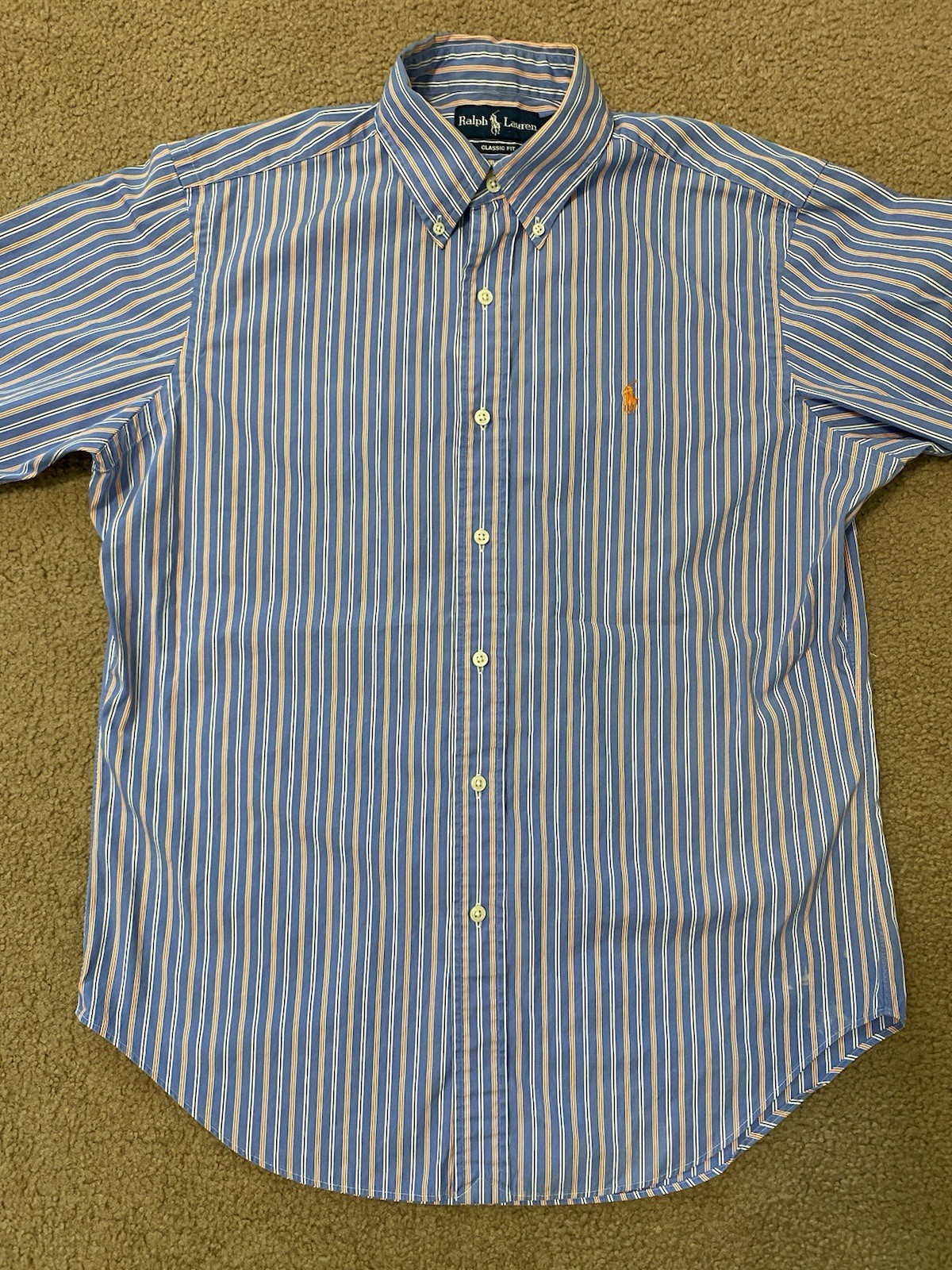 Ralph Lauren camicia uomo blu medio arancione a righe con bottoni polo arancione pony