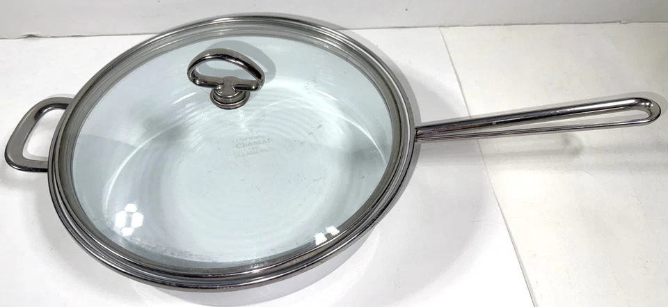 De Colección Chantal 10.5" Acero Esmalte Blanco Sartén Salteado Sartén Cacerola Tapa Vidrio Cubierta Foto 2 de 4