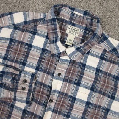 LL Bean Shirt Mens 2XL Gray Blue Plaid Twill Flannel Scotch Outdoor Button Up