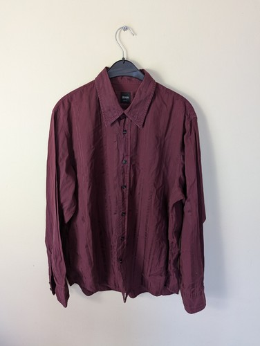 Hugo Boss Burgundy Long Sleeve Shirt Button Up Slim Fit Size UK XL