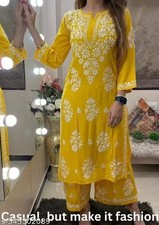 2 PCS Elegant Yellow Floral Chikankari Kurta with Palazzo For Women Pure Cotton
