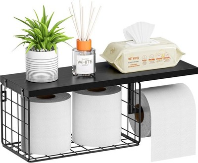 Toilet Paper Holder with Shelf, Wall Mounted Toilet Paper Storage Basket, Wood