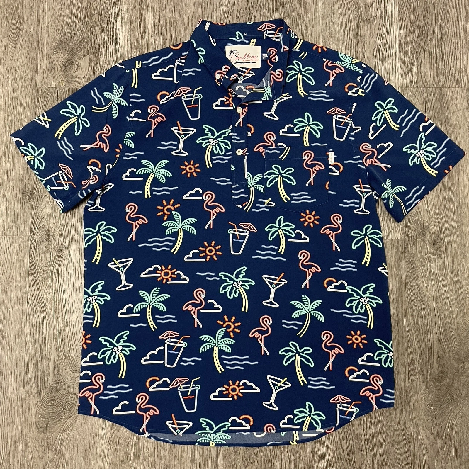 Chubbies Shirt Men's X-Large Blue The Nutter Short Sleeve Neon Birds Hawaiian
