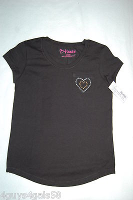 Girls BLACK S/S T-SHIRT Stud Heart Pocket SIZE XS 4-5 L 10-12 