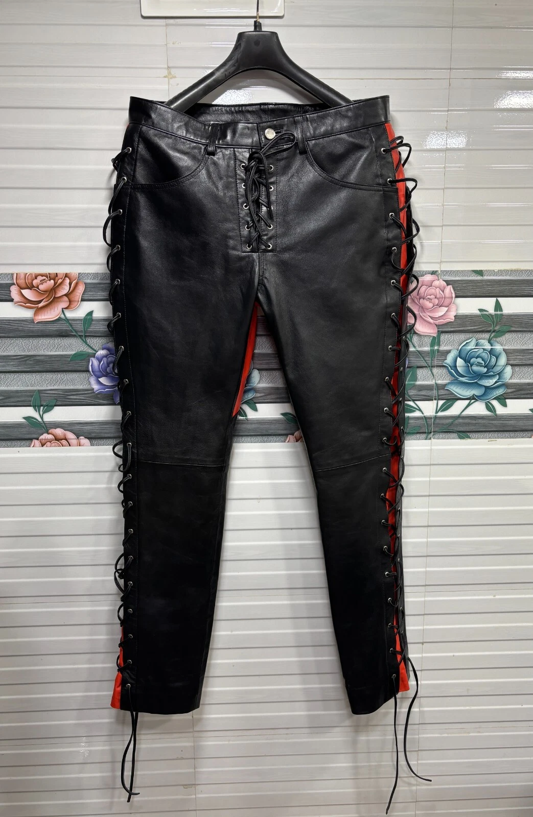 Men's Genuine Lambskin Leather Black Pant w Orange Detailing Side Laced Trousers