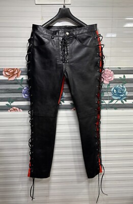 Men's Genuine Lambskin Leather Black Pant w Orange Detailing Side Laced Trousers