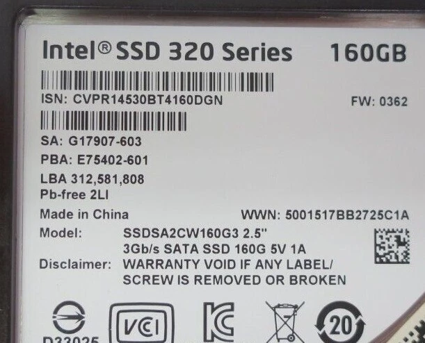 Intel SSD 320 Series 160GB SATA 3Gb/s 2.5" SSD Solid State Drive SSDSA2CW160G3 - Image 2 of 4