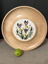 Woodbury Wooden Hand Turned Cheese Serving Plate Iris Hand painted Signed