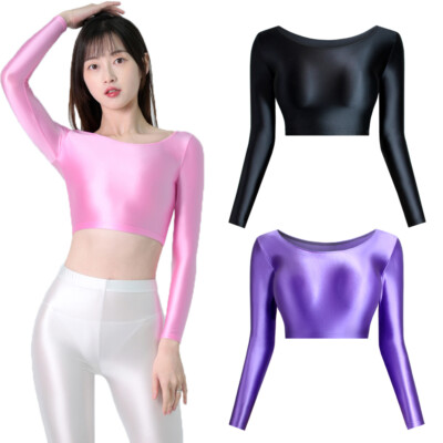 MJINM Damen Satin Glossy Tops Langarm Stretch Tights Fitness Yoga Kurz T-shirts