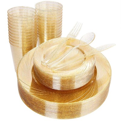 WDF 150pcs Gold Glitter Plastic Plates with Gold Plastic Silverware - Gold Gl...