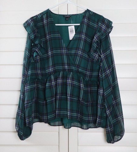 TORRID NWT Green Tartan Plaid Long Sleeve Chiffon Ruffle Top Size 1 US 1X - Picture 5 of 6