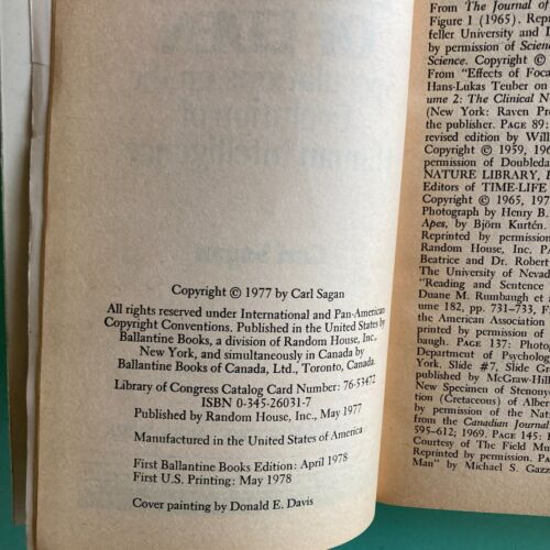 Carl Sagan Signed THE DRAGONS OF EDEN paperback book Aged Pages Cover Marks 1978 - Picture 10 of 11
