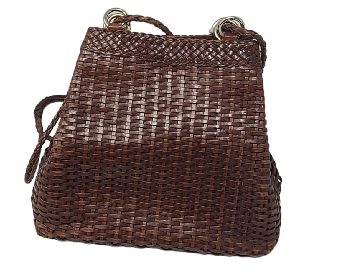 CEM Mid size Brown Tan Woven Leather Crossbody Shoulder Bag Purse