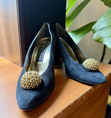 Vintage 80s Stuart Weitzman for Mr. Seymour Black  Pumps with Gold Beaded Accent