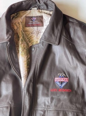 Vintage Rainforest Handyman Club Leather Bomber Jacket Mens XL Map Lining