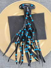 Czarna skórzana niebiesko-srebrna koralikowa beczka do włosów / łapacz włosów - klips - western