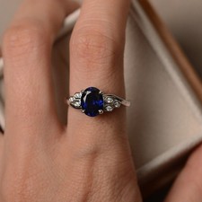 Blue Sapphire Stack Ring Lab Created Round Gemstone Sterling Silver Women Ring
