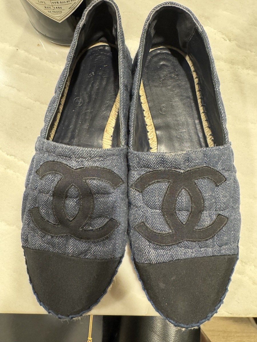 CHANEL blue embossed denim animal pattern quilted CC espadrilles shoes EU38