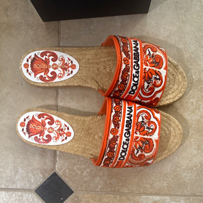 Dolce & Gabbana Orange/White/Beige Logo Floral Slide Sandals Women EU 39 US 9