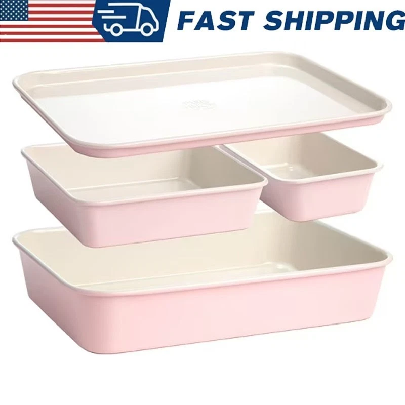 4pc Nesting Bakeware Set with Nonstick Roaster Cookie Sheet Cake & Loaf Pan Pink