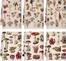Boyiee Set of 6 Vintage Kitchen Towels 24 x 16 Inches, Flower, Mushroom 