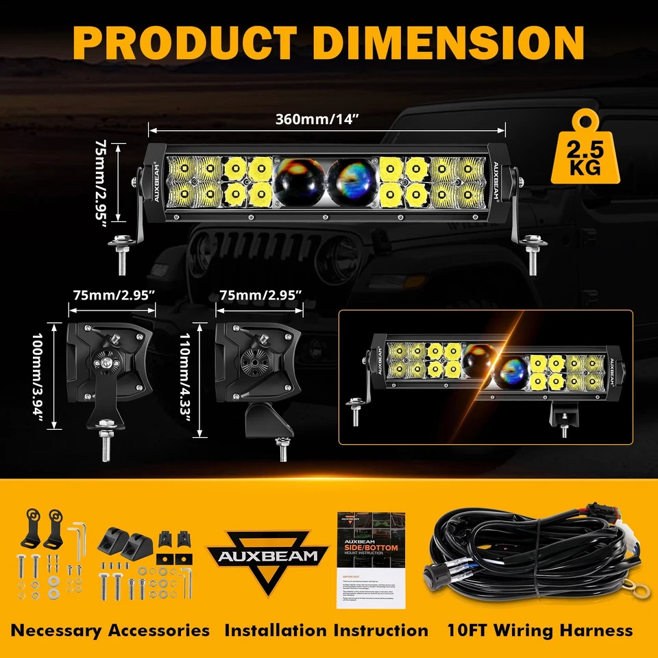 AUXBEAM 64W 7680lm 5D-PRO Dual Row LED Light Bar Pods Spot Flood w/ Harness kit - Image 2 of 4