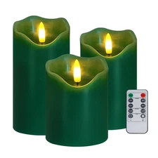 Veki Flameless LED Lights - Set of 3 Green Flickering Pillar Candles with Rem...